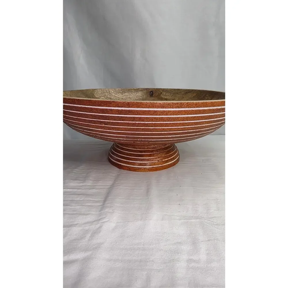 Mango Wood Salad Bowl 12” Hand Carved Striped Decorative Rustic Farmhouse